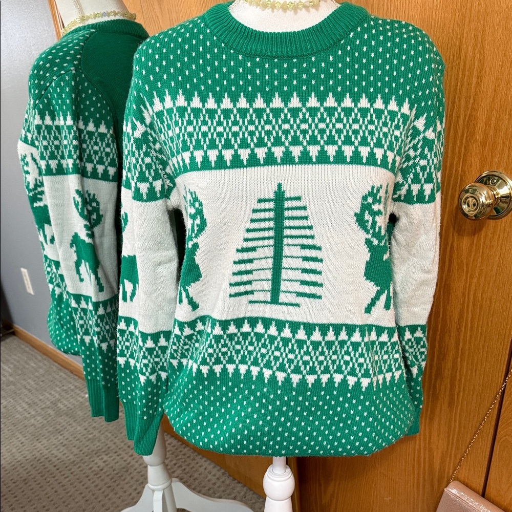 Green and White Reindeer Sweater